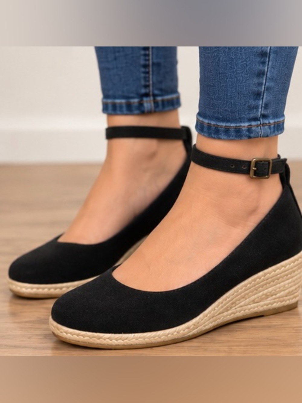 Women's Black Ankle-Strap Espadrille Wedge